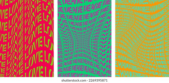Retro groovy art background set with love peace and happiness words. Psychedelic hippie style swirl colorful placards. Vintage hippy crazy various twist abstract vector banners. Trendy y2k pop culture