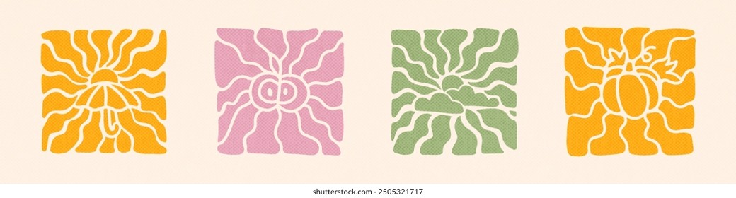 Retro Groovy Autumn Background Set. Abstract Wave Ray Pattern in Trendy 70s Style. Boho Colorful Groovy Season Fall Psychedelic Vintage Background. Graphic Fun Hippie Poster. Abstract Wallpaper.