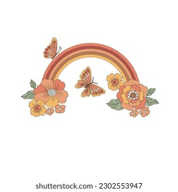 Retro groovy autumn rainbow and florals vector illustration. Happy Thanksgiving Day poster print design.