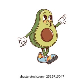 Retro groovy avocado for breakfast funky character with funny face, cartoon vector. Groovy retro comic avocado character whistling happy melody and walking for kids breakfast comic food emoji