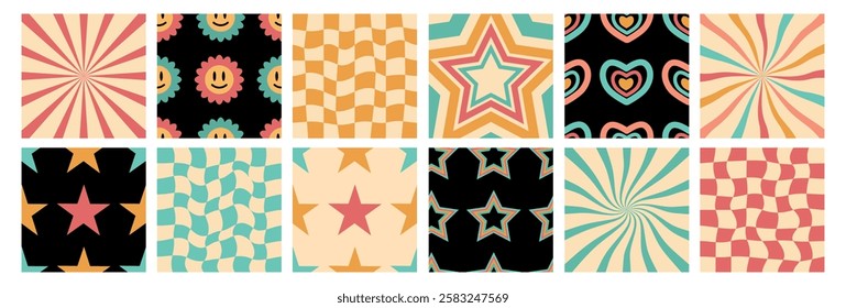 Retro groovy background big set. Checkered swirl, seamless pattern with stars, flowers, emoji, distorted rays. Vector illustration for summer design, patch, wrapping paper, cover, fabric, clothing, ba