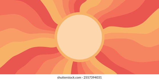 Retro groovy background with bright sunburst in style 60s, 70s. Trendy colorful graphic print. Vector illustration