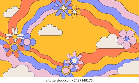 Retro groovy background with clouds. Daisy flowers and wavy rainbows frame. Bright colors, vintage cute vector illustration with abstract natural 60s hippie shapes.