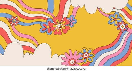 Retro groovy background with clouds. flowers and wavy rainbows. Bright colors, vintage cute vector illustration with abstarct shapes.