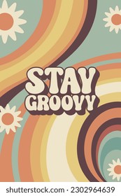 Retro groovy background with flowers and wavy abstract form. Vector illustration