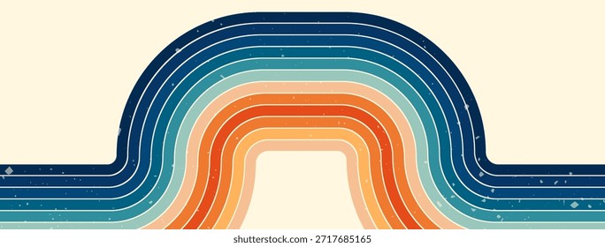 Retro groovy background with a multicolored rainbow.
