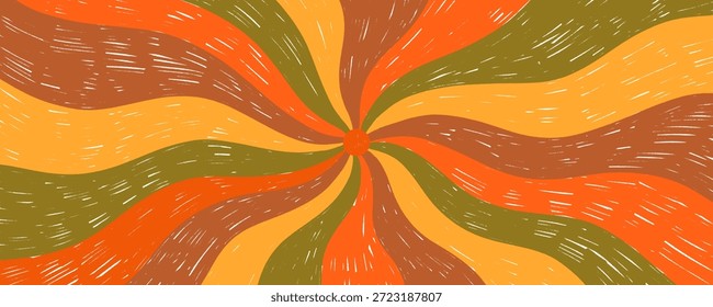 Fundo groovy retro com redemoinhos de sunburst ondulado colorido desenhado pastel. Roda groovy fundo starburst com listras encaracoladas psicodélicas. Textura vetorial ondulada hippie. Raias puxadas por giz de cera.