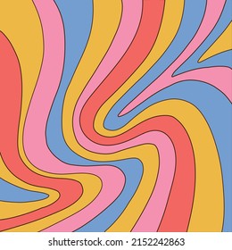 Retro groovy background with rainbow stripes. Abstract colourful and textured wavy shapes design.Hand drawn vector illustration with editable outline path