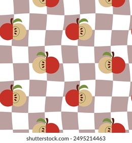 Retro Groovy Background. Seamless pattern with checkers and apples. 60's style. Design for packaging, background, wallpaper, t-shirt