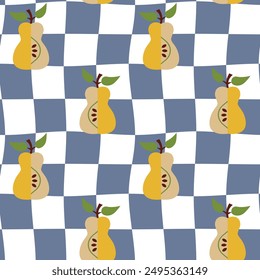 Retro Groovy Background. Seamless pattern with checkers and pears. 60's style. Design for packaging, background, wallpaper, t-shirt