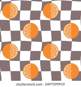 Retro Groovy Background. Seamless pattern with checkers and oranges. 60's style. Design for packaging, background, wallpaper, t-shirt