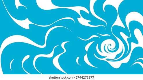 Retro groovy background with swirling rays emanating from the center. Vector illustration of an energetic vortex. Unusual, whimsical smoke and clouds.
