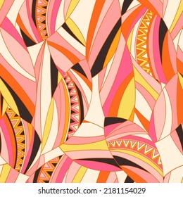 Retro Groovy Background. Vintage Abstract Psychedelic Vector Seamless Pattern. Textile And Surface Design With Old Fashioned Hand Drawn Geometric Wavy Print