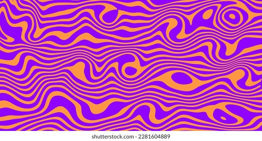 Retro groovy background. Vintage trippy psychedelic wallpaper. Purple orange liquid hippie texture. Acid color wavy pattern for poster in 60s or 70s style. Vector