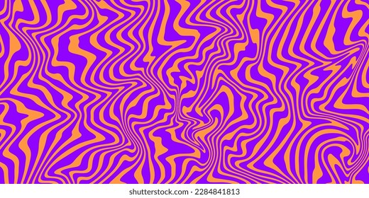 Retro groovy background. Vintage trippy psychedelic wallpaper. Purple orange liquid hippie texture. Acid color wavy pattern for poster in 60s or 70s style. Vector