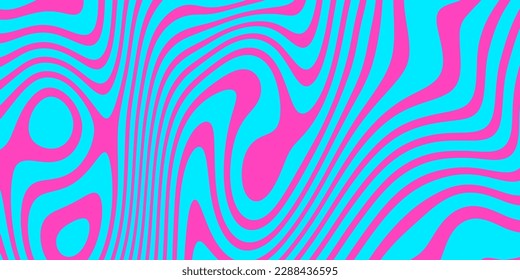 Retro groovy background. Vintage trippy psychedelic wallpaper. Blue pink liquid hippie texture. Colorful wavy candy pattern for poster in 60s or 70s style. Vector