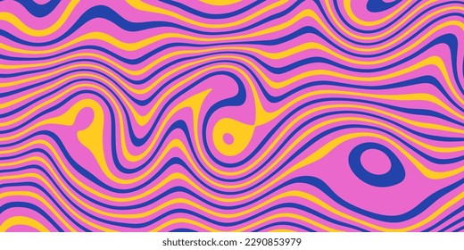 Fondo retro de groovía. Papel pintado trippy, psicodélico. Textura hippie líquida amarilla rosa azul. Patrón de caramelos ondulados coloridos para afiches de estilo de los años 60 o 70. Vector