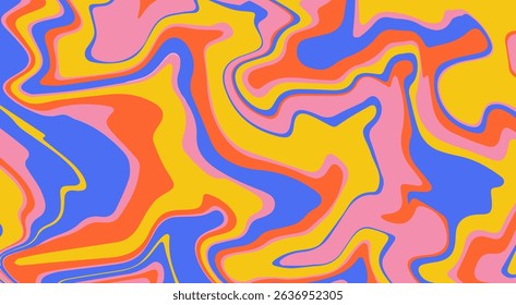 Retro groovy background with wavy melting texture. Psychedelic trippy abstract design in trendy bright colors.