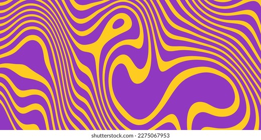 Retro groovy background. Wavy vintage trippy psychedelic wallpaper. Purple yellow liquid hippie texture. Colorful pattern for cover poster in 60s or 70s style. Vector