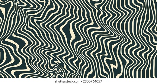 Retro groovy background. Wavy vintage psychedelic wallpaper. Trippy monochrome pattern, cover, poster in 60s or 70s style. Liquid hippie texture. Vector