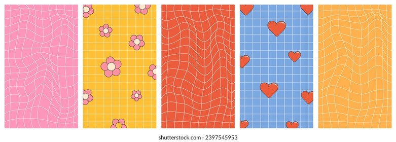 Retro groovy backgrounds and posters. Trendy checkered backgrounds and with hearts and flowers. Vibes from the 60s 70s and hippies. Vector illustration