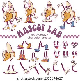 Kit de criação de personagem de banana groovy retro, peças de mascote vintage