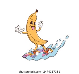 Retro groovy banana character on surfboard riding a wave. Isolated cartoon vector tropical fruit personage with playful smile and hands up, enjoying extreme surfing sports during summer beach vacation