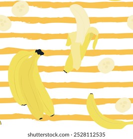 Retro groovy bananas padrão sem emenda no fundo forrado. Desenho frutado desenhado à mão para impressões. Ilustração vetorial.