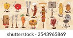 Retro groovy barbeque characters, cartoon bbq grill personages. Vector food and tools, bell pepper, tomato, meat steak and skewers, sausage, charcoal, burger and corn or potato with expressive faces