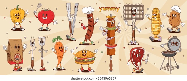 Personagens de churrasco groovy retro, personagens de churrasco de desenho animado. Alimentos e ferramentas vetoriais, pimenta, tomate, bife de carne e espetos, salsicha, carvão, hambúrguer e milho ou batata com faces expressivas