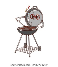 Retro groovy barbeque grill character. Isolated cartoon vector whimsical vintage barbecue machine personage with funny face and glasses singing while flipping burgers during cookout picnic party event