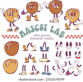 Kit de criação de personagens de beisebol groovy retro, peças de mascote vintage