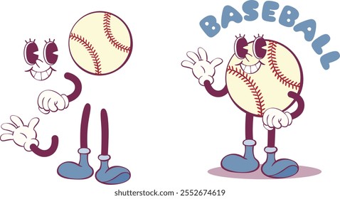 Retro  groovy baseball character creation kit, vintage mascot parts