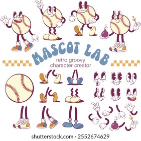 Retro  groovy baseball character creation kit, vintage mascot parts