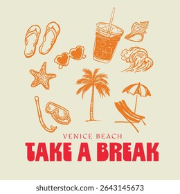 Retro Groovy beach elements in trendy boho style. Summer Palm Tree. Simple background of sun sea. Retro Summer Beach Hand Drawn illustration. Vector illustration