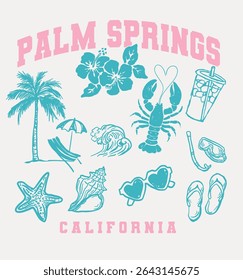 Retro Groovy beach elements in trendy boho style. Summer Palm Tree. Simple background of sun sea. Retro Summer Beach Hand Drawn illustration. Vector illustration
