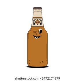 Retro groovy beer bottle character for bar, pub, club. Vintage cute alcohol drink and beverage mascot. Vector illustration in 60s, 70s, 80s style