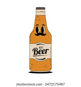 Retro groovy beer bottle character for bar, pub, club. Vintage cute alcohol drink and beverage mascot. Vector illustration in 60s, 70s, 80s style