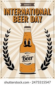 Retro groovy beer bottle character poster. International Beer Day. Vintage cute alcohol drink and beverage mascot. Vector illustration in 60s, 70s, 80s style