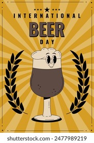 Retro groovy beer bottle character poster. International Beer Day. Vintage cute alcohol drink and beverage mascot. Vector illustration in 60s, 70s, 80s style