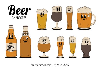 Retro groovy beer glass and bottle characters set. Vintage cute alcohol drink and beverage mascot collection. Vector illustration in 60s, 70s, 80s style