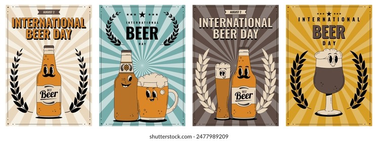 Retro groovy beer glass and bottle characters posters set. International Beer Day. Vintage cute alcohol drink and beverage mascot. Vector illustration in 60s, 70s, 80s style