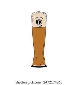 Retro groovy beer glass character for bar, pub, club. Vintage cute alcohol drink and beverage mascot. Vector illustration in 60s, 70s, 80s style