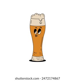 Retro groovy beer glass character for bar, pub, club. Vintage cute alcohol drink and beverage mascot. Vector illustration in 60s, 70s, 80s style