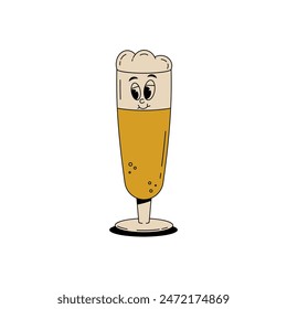 Retro groovy beer glass character for bar, pub, club. Vintage cute alcohol drink and beverage mascot. Vector illustration in 60s, 70s, 80s style