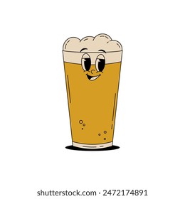 Retro groovy beer glass character for bar, pub, club. Vintage cute alcohol drink and beverage mascot. Vector illustration in 60s, 70s, 80s style