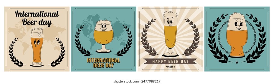 Juego de tarjetas de personajes de vidrio de cerveza retro. Día internacional de la cerveza. Antiguas linda bebida alcohólica y mascota de bebidas. Ilustración vectorial al estilo de los años 60, 70 y 80