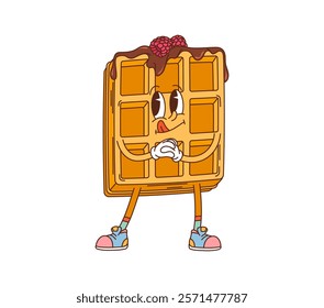 Retro groovy belgian waffle dessert character. Restaurant pastry meal vintage cartoon isolated vector funny character. Sweet dessert belgian waffle with chocolate and raspberries groovy cute personage