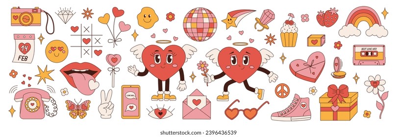 Gran escenario retro para el Día de San Valentín. Pegatina de amor hippie, personajes graciosos en forma de corazón, tendencia de los años 70. Ilustración de dibujos animados