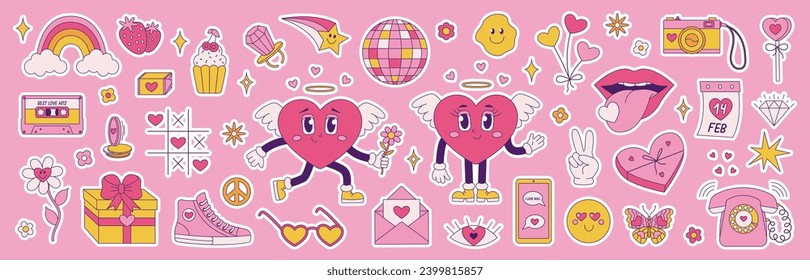 Gran escenario retro para el Día de San Valentín. Pegatina de amor hippie, personajes graciosos en forma de corazón, tendencia de los años 70. Ilustración de moda de dibujos animados